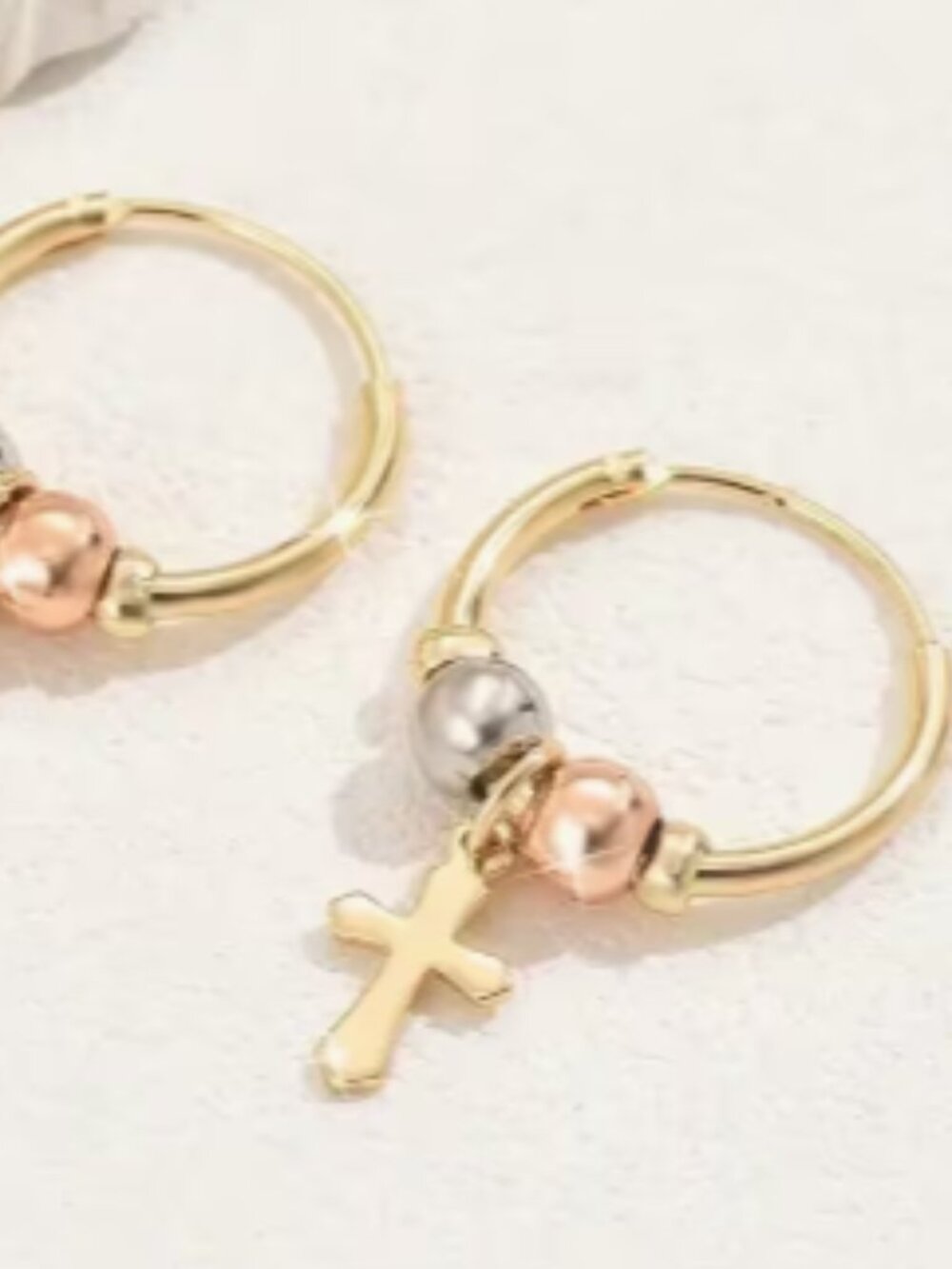 Gold Small Hoop Earring- Dangling Cross & Silver and Bronze Beads Accent. NWOT.